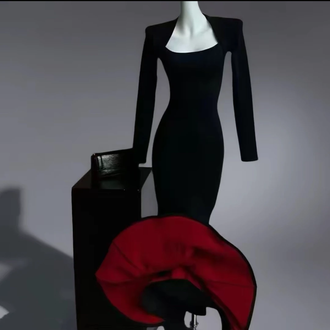 大码连衣裙【红底步步生莲】秋冬方领步步生莲鱼尾裙459638