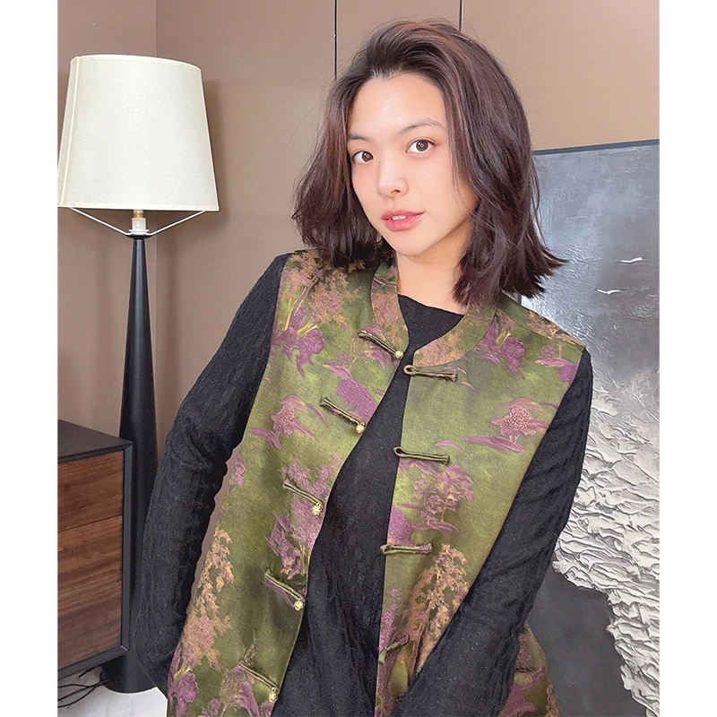 美美国风2025秋装新款新中式立领一字盘扣提花暗纹复古马夹女811