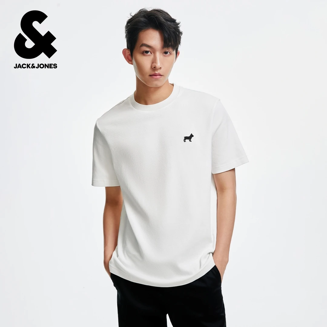 杰克琼斯秋季时尚舒适常规版型潮罗纹圆领法斗狗刺绣短袖T恤男装