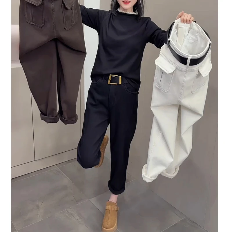 黑色哈伦牛仔裤女2025秋冬加绒大码胖mm宽松显瘦弹力高腰老爹裤子