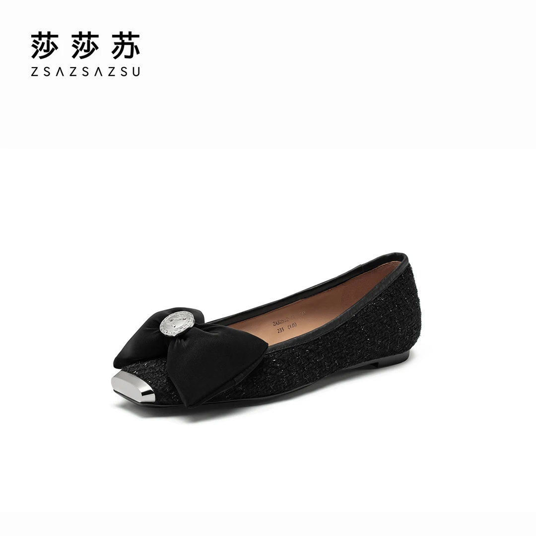 莎莎苏2025秋冬新款时尚通勤平跟方头蝴蝶结通勤单鞋女ZA63507-17