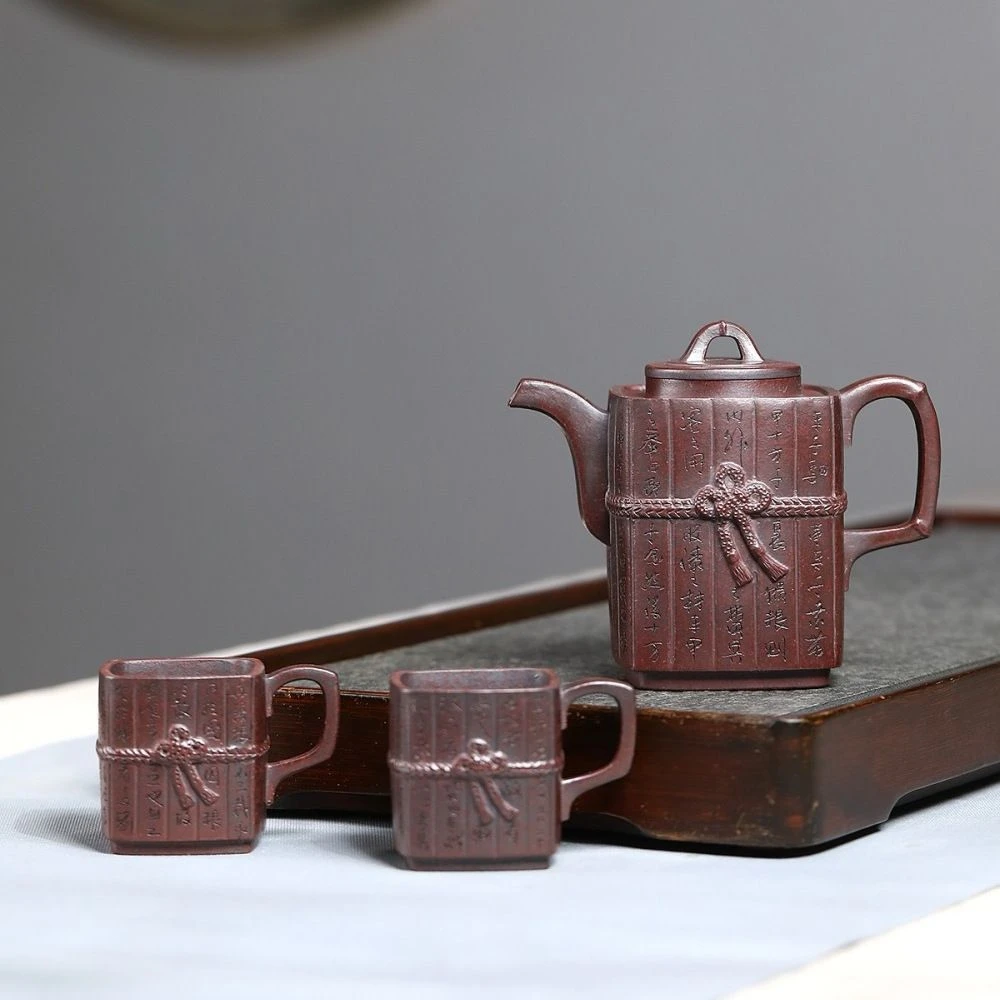 380 毫升宜兴紫砂壶手工泡茶壶刻孙子兵法作战篇原矿紫泥竹简套组