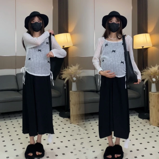 时尚孕妇套装小香风蕾丝蝴蝶结上衣显瘦吊带裙两件套