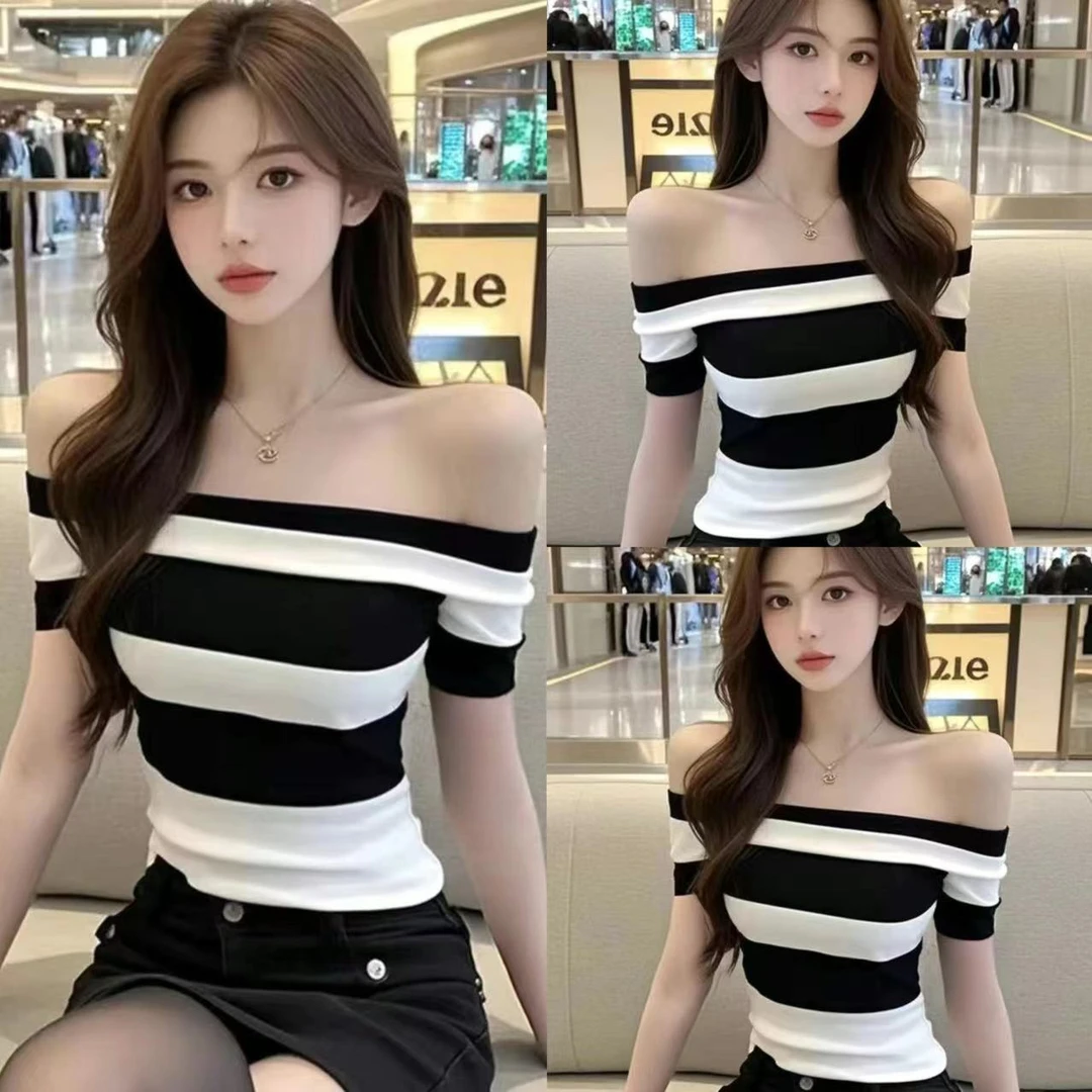 夏季新款黑白撞色一字肩短袖T恤女设计感修身辣妹衫上百搭睡衣女