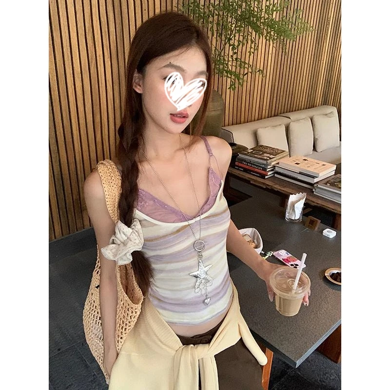 【紫罗兰】夏季假两件纯欲晚霞蕾丝V领显瘦背心吊带上衣21502#