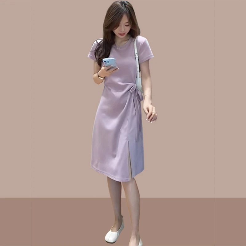 法式气质短袖连衣裙女夏季新款大码胖mm收腰显瘦开叉长裙t恤裙子