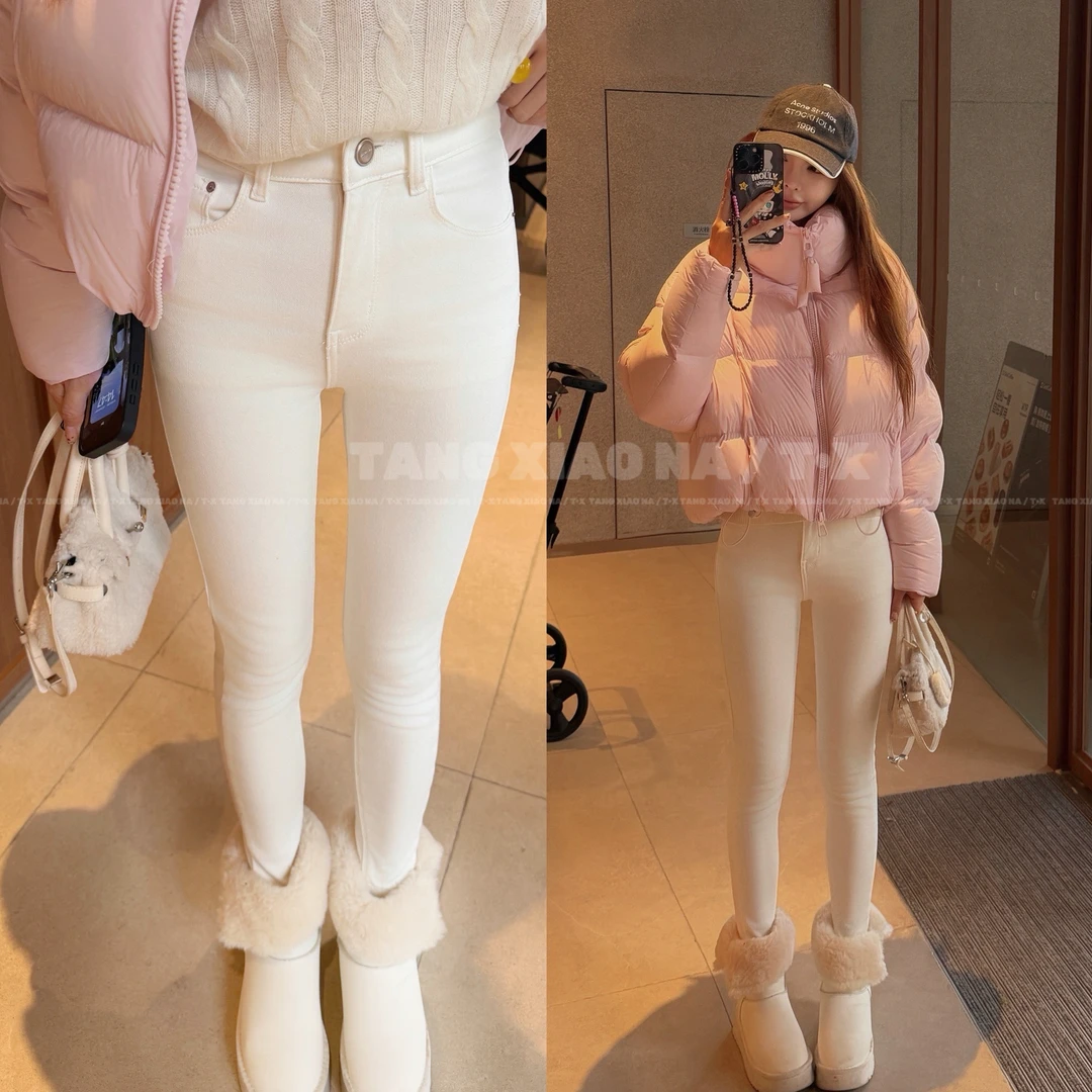 T•X 【白色时髦】弹力加绒保暖铅笔裤牛仔裤女冬季洋气小脚裤