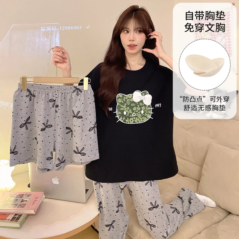 免穿内衣新款睡衣女三件套夏季短袖休闲大码宽松家居服可外穿夏天