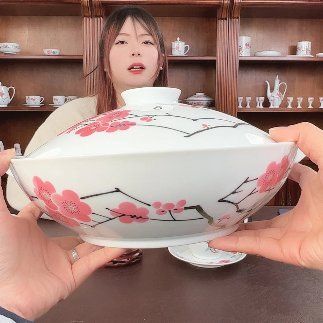 瓷翠竹红梅品锅，微瑕开片