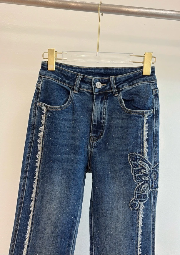 2025秋重工蝴蝶烫钻微喇牛仔裤早秋新款休闲百搭