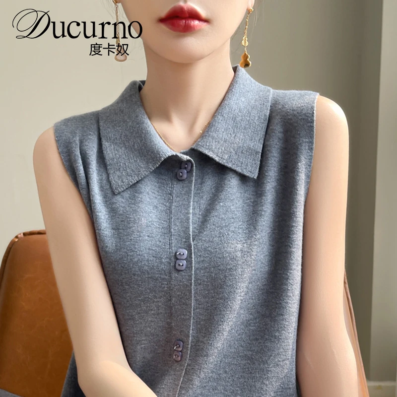2025新款灰色坎肩翻领无袖背心针织打底衫女洋气大码女装夏季上衣