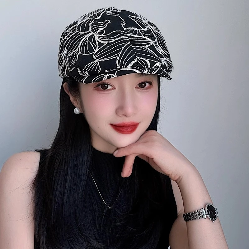 韩版复古花朵刺绣前进帽女春夏百搭小众设计贝雷帽显脸小画家帽子