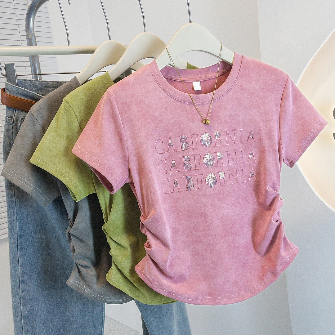 yoewshean/羽媗胖mm大码女装扎染发泡字母显瘦遮肉夏季短袖上衣