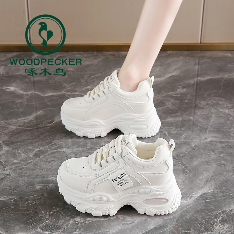 啄木鸟爆款厚底老爹鞋女2025春季新款韩版内增高百搭休闲白色鞋子