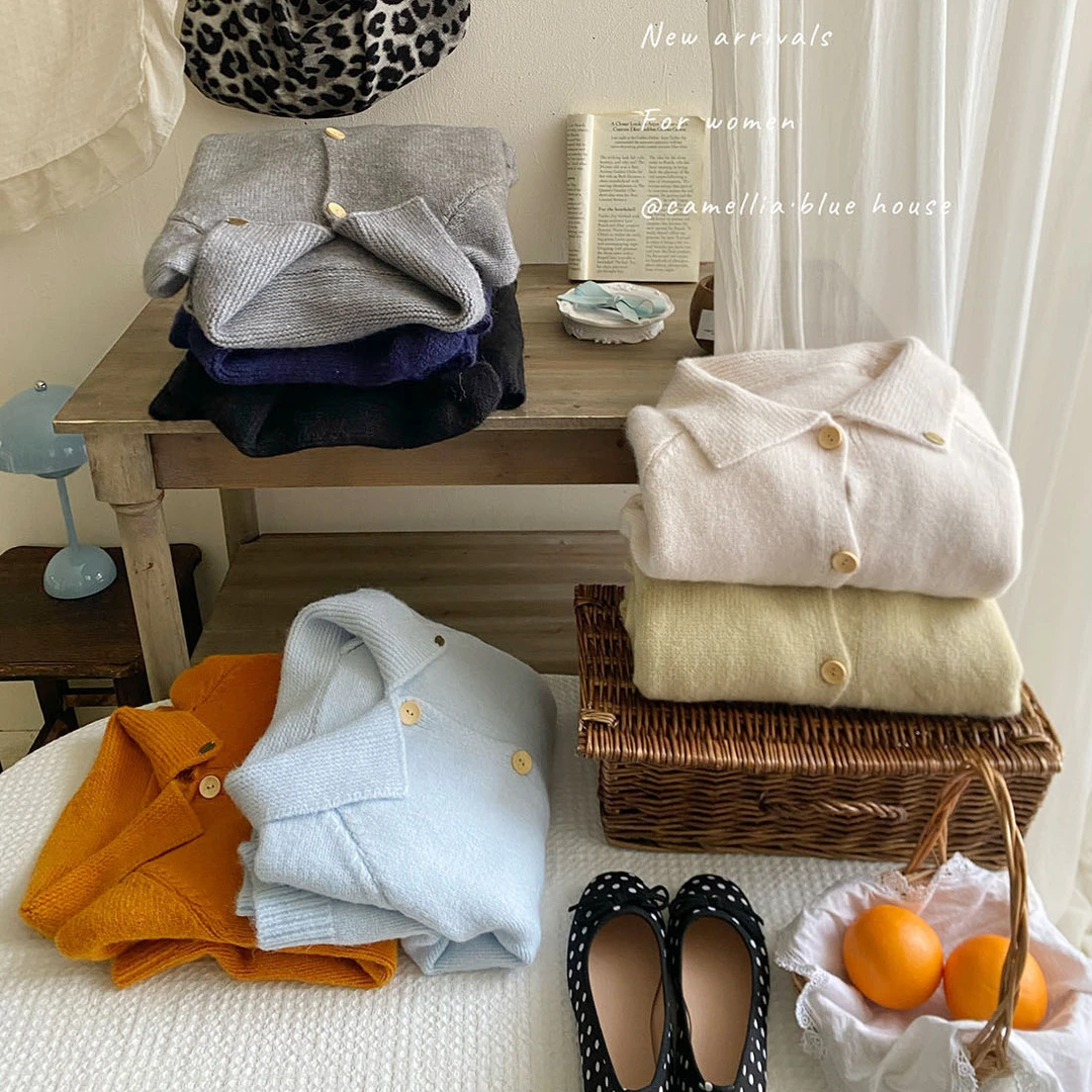 温柔风韩日月光奶油蓝显白毛衣外套女冬翻领慵懒加厚外穿针织开衫