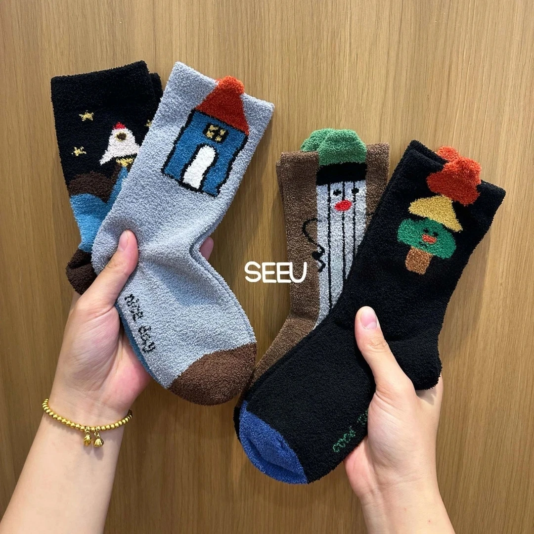 儿童袜子加厚加绒中筒袜男童女童秋冬款珊瑚绒袜子宝宝卡通袜I014