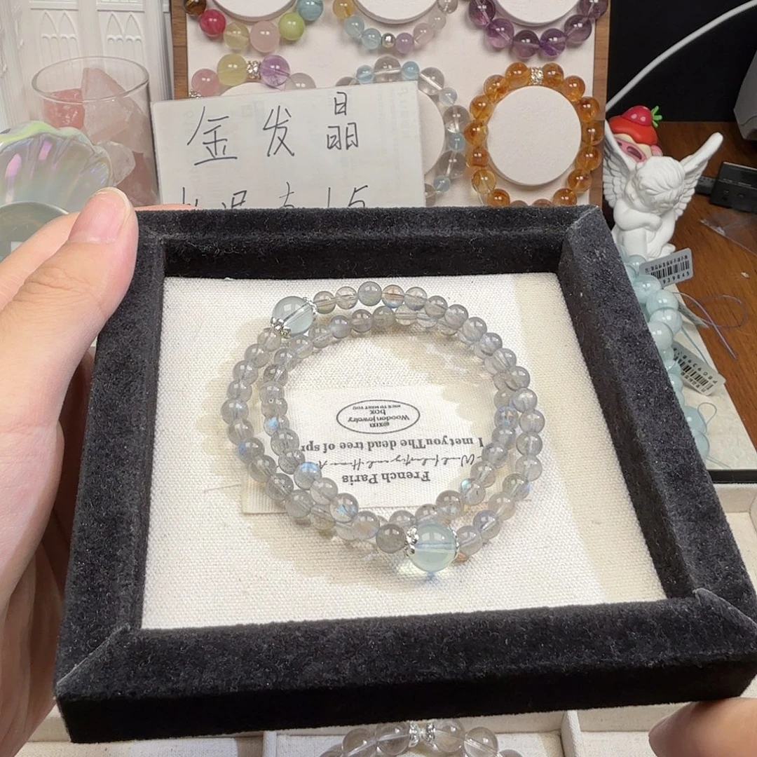 烟晶手链未镶嵌5mm高闪灰月光+高货海蓝宝9mm