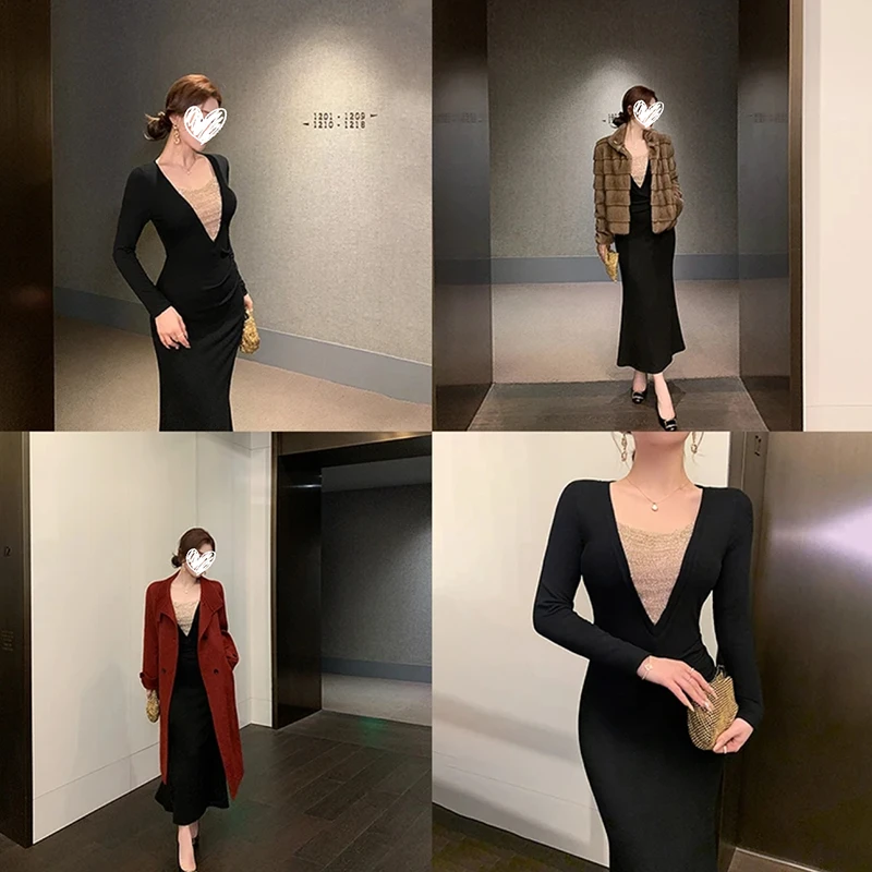 【夜宴厅】 宴会优雅性感女秋冬包臀裙深V拼接抽褶鱼尾连衣裙