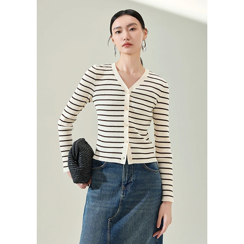 【丽公主专属】MOFAN摩凡春新款咖条纹毛针织衫MAE474257