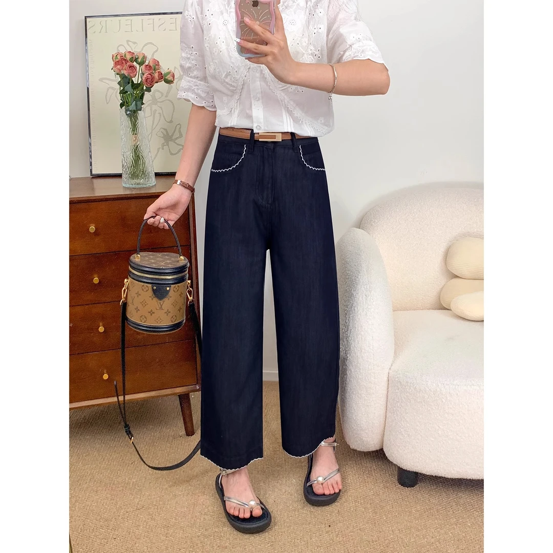 天丝牛仔裤女夏季薄款慵懒风裤子大码胖mm高腰显瘦宽松直筒阔腿裤