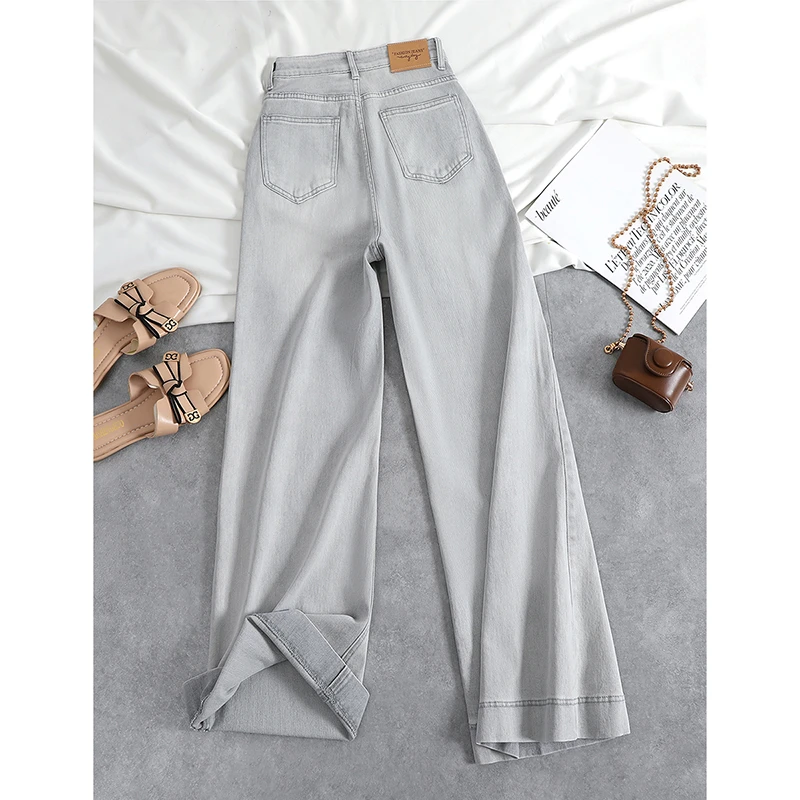 巴黎灰高腰微喇牛仔裤女2025春季新款小众显瘦宽松百搭垂感拖地裤