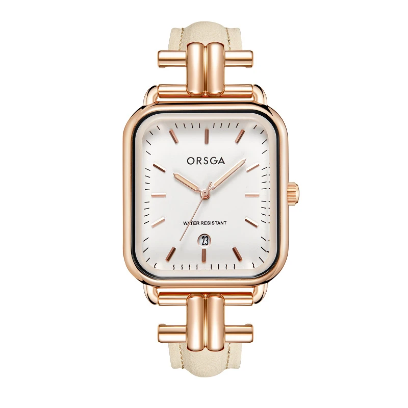 ORSGA时尚情侣中性手表工字扣方形日历皮带防水石英腕表9889