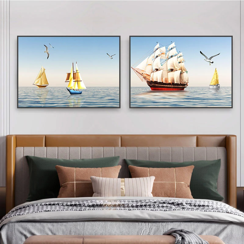 卧室床头装饰画现代简约温馨宾馆房间墙壁画两联主卧海景山水挂画