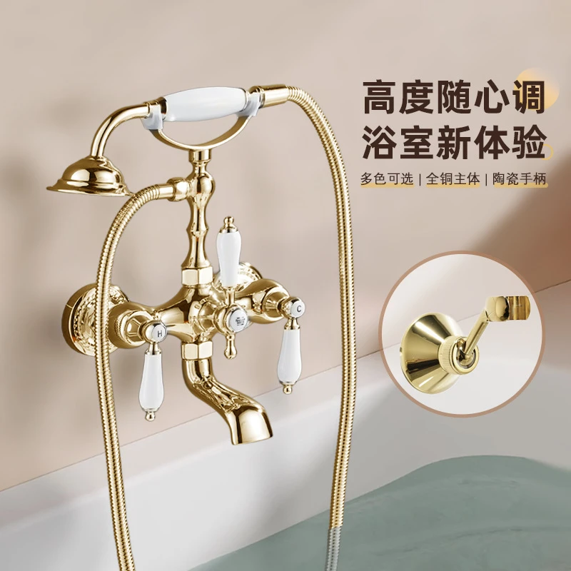 热销法式复古铜制金色浴缸水龙淋浴花洒套装双把电话机冷热龙