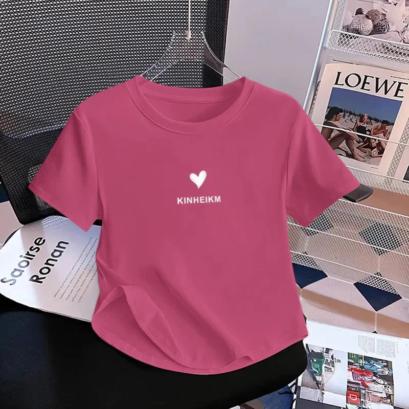 欧货玫红色短袖T恤女2025夏季新款小众弧形休闲百搭体恤上衣ins潮