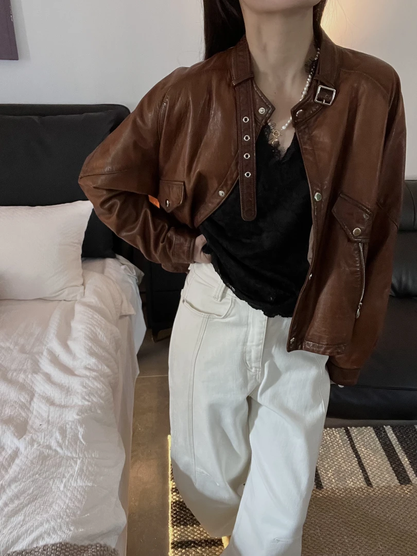 【Miss 程】2025春款咖色机车皮衣