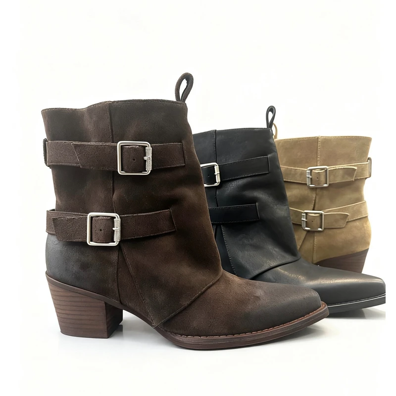 18-1高跟粗跟秋季磨砂低跟尖头女短靴时尚秋冬英伦百搭