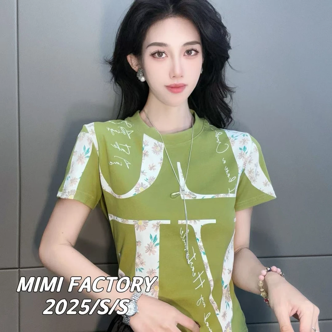 2025新款 欧货满印字母圆领短袖T恤女修身显瘦百搭上衣5563#