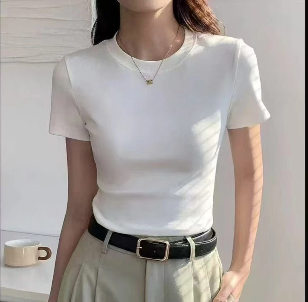 【夏末福利】意格瑞螺纹棉T恤时尚经典女款显瘦修身半袖-纯色