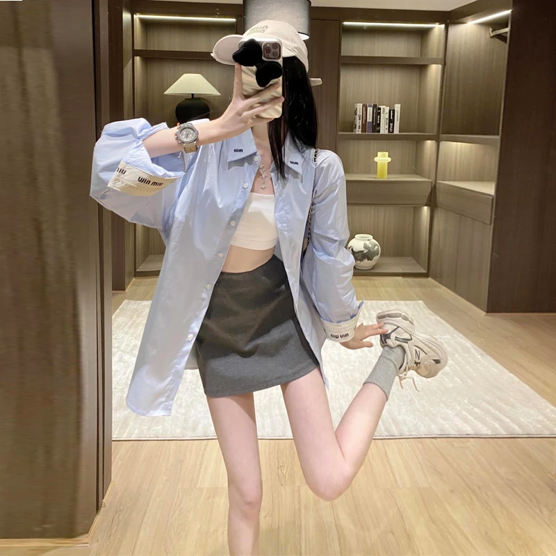 蓝色防晒衬衫女早春新款设计感衬衣法式绝美宽松长袖上衣薄款外套