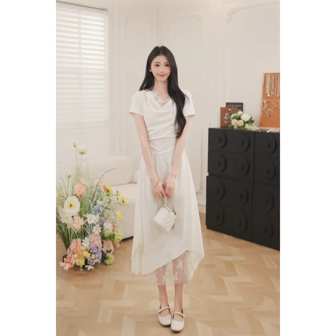 鹿向南【花蕾交错】法式气质女夏季通勤设计感短袖连衣裙DYL661794