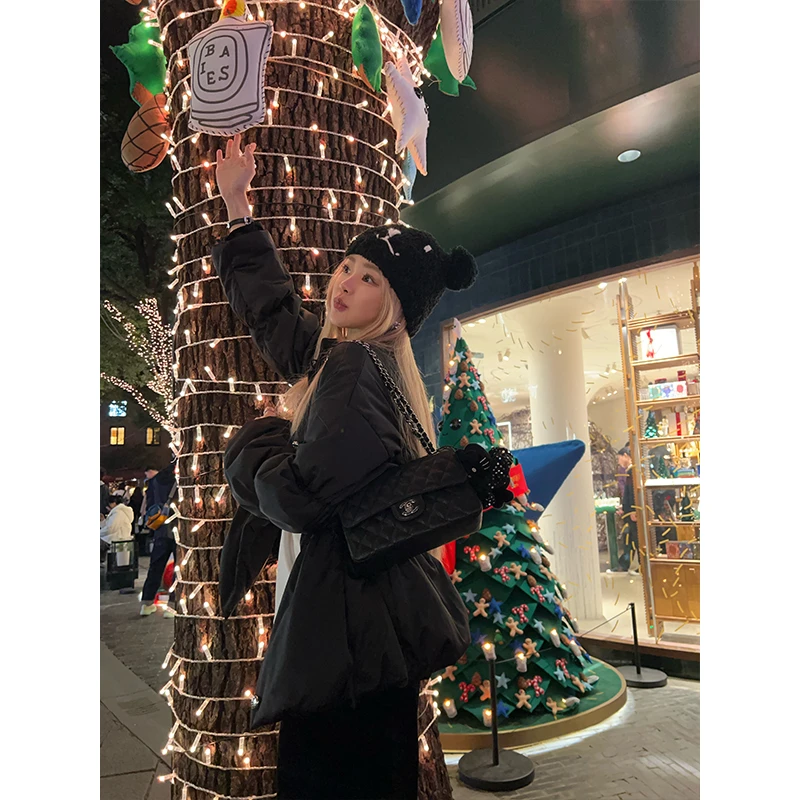 ski byTannin赤兔新贵少女缎面棉服设计小众宽松收腰加厚外套秋冬