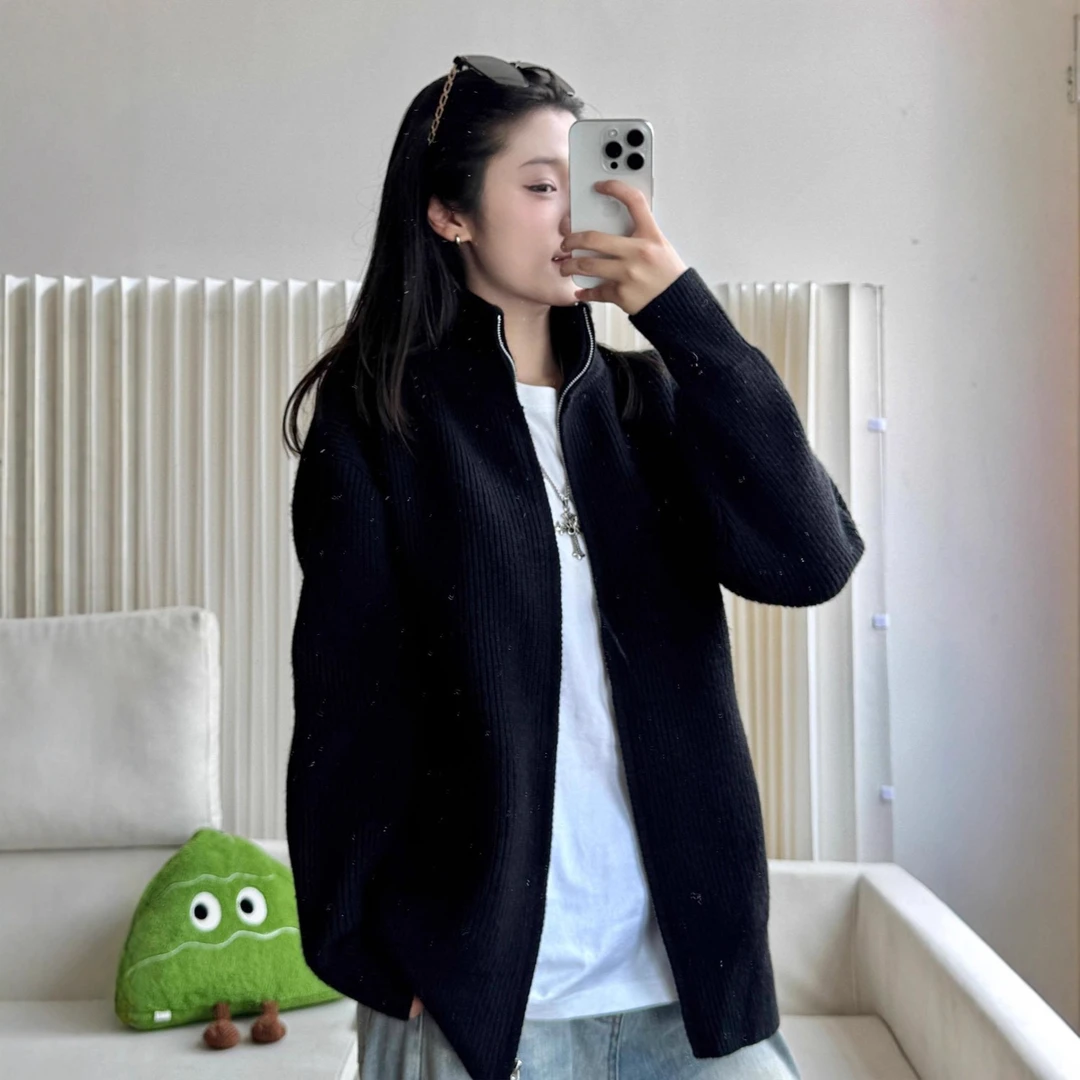 半高领拉链慵懒风毛衣外套女秋冬季2025新款设计感小众针织开衫厚