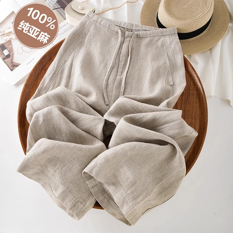 纯亚麻阔腿裤女2025夏季薄款新款高腰复古百搭系绳冰丝休闲直筒裤