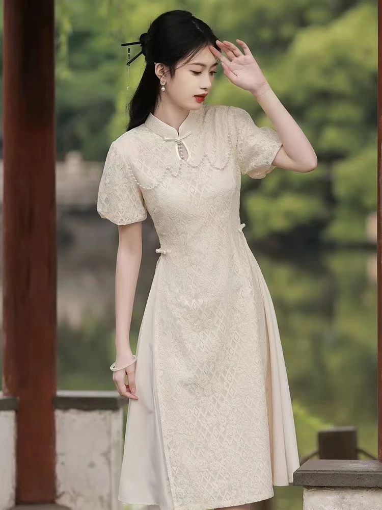 229-米色 绝美 水滴领 钉珠 奥戴 旗袍