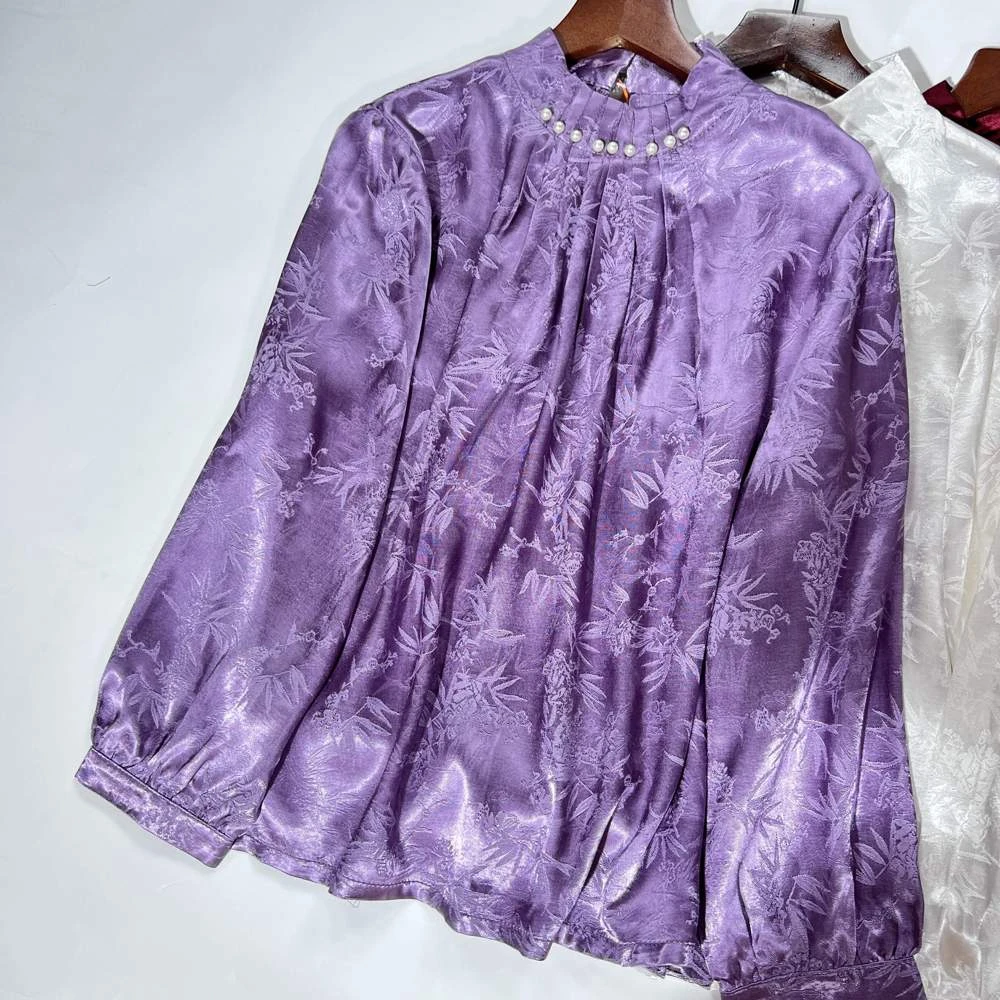 664 浪漫紫色竹叶提花立领衬衫国风气质上衣