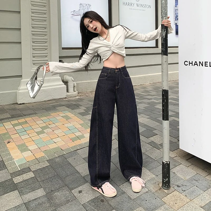 深蓝美式辣妹阔腿牛仔裤女2025年夏季新款高腰宽松简约垂感拖地裤