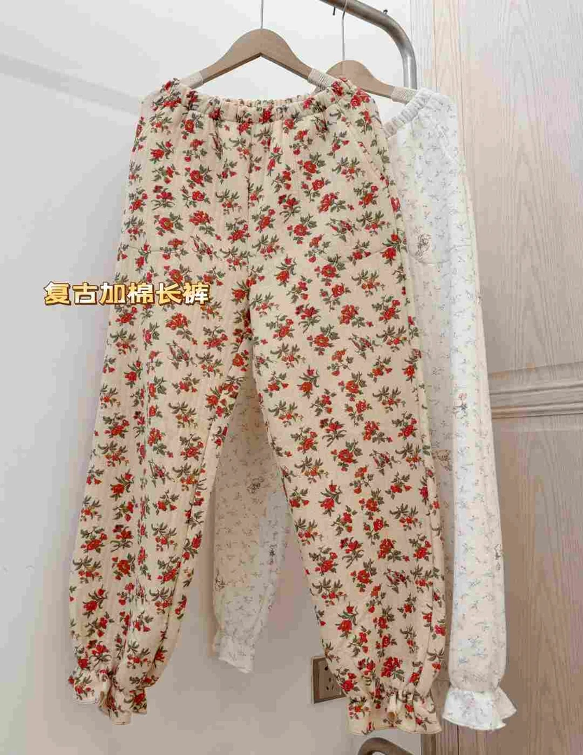 冬季纯棉空气层加厚保暖长裤显瘦花苞裤口袋版百搭家居裤睡裤
