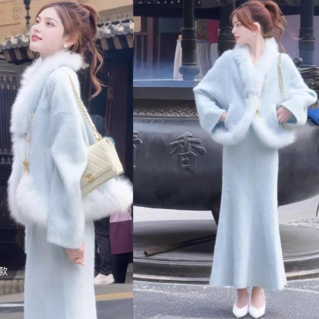 婷婷岁月静好 云松蓝！贵气纯色 狐狸毛定染慵懒套装25DK女装冬季