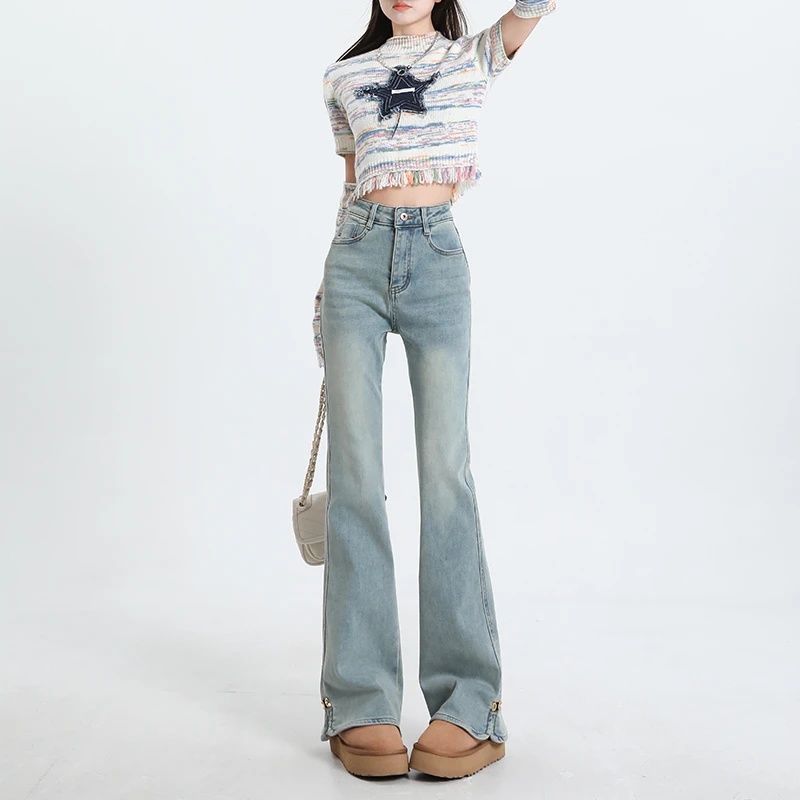 库思玛浅蓝高腰微喇牛仔2024春季新款辣妹显瘦侧开叉喇叭裤3787