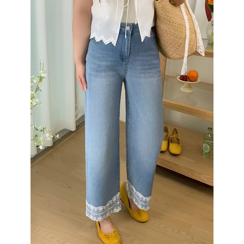 夏季新款小个子蕾丝边牛仔裤拼接阔腿裤高腰直筒梨型身材显高显瘦