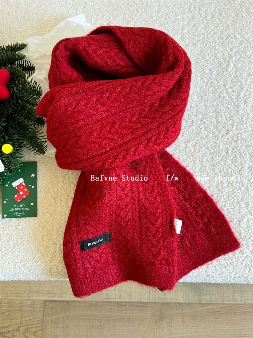 女秋冬季复古麻花纹针织围巾韩百搭软糯安可拉红色保暖围脖含羊毛
