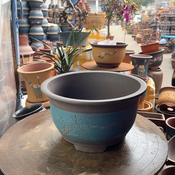 红陶宜兴紫砂花盆蓝中