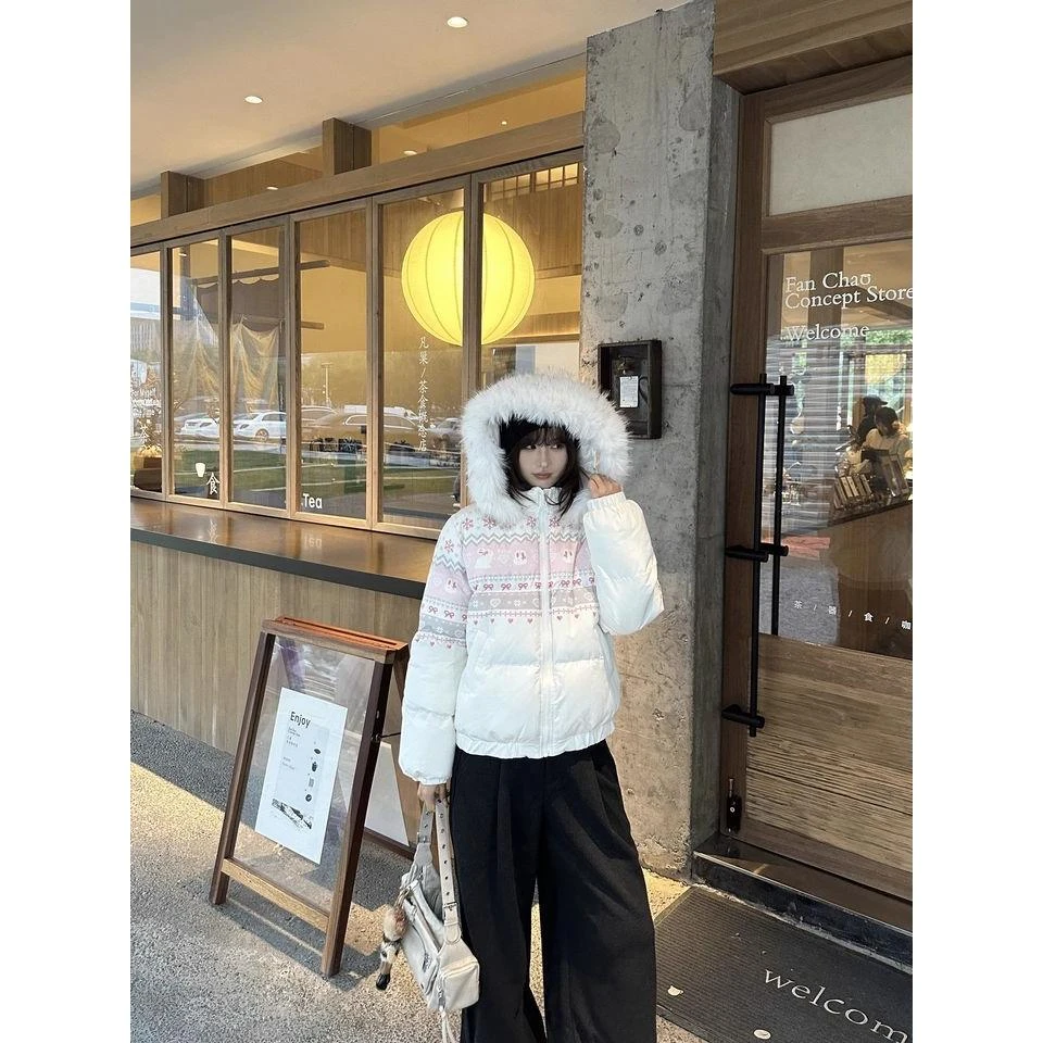 美式复古雪花兔子印花毛领连帽棉服外套女秋冬新款面包服上衣短款