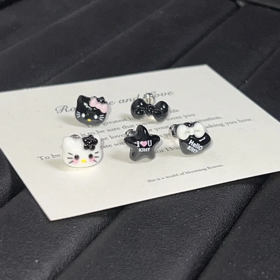 钛钢树脂耳饰 Moonlight黑皮kitty 耳钉套装【267】五件套螺丝扣