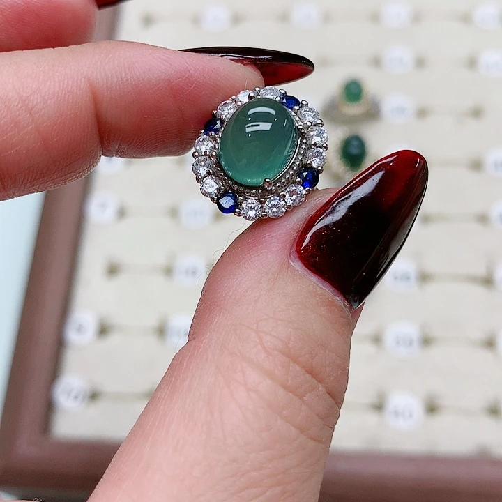 蛇纹石玉戒指银S925镶嵌苗**妈